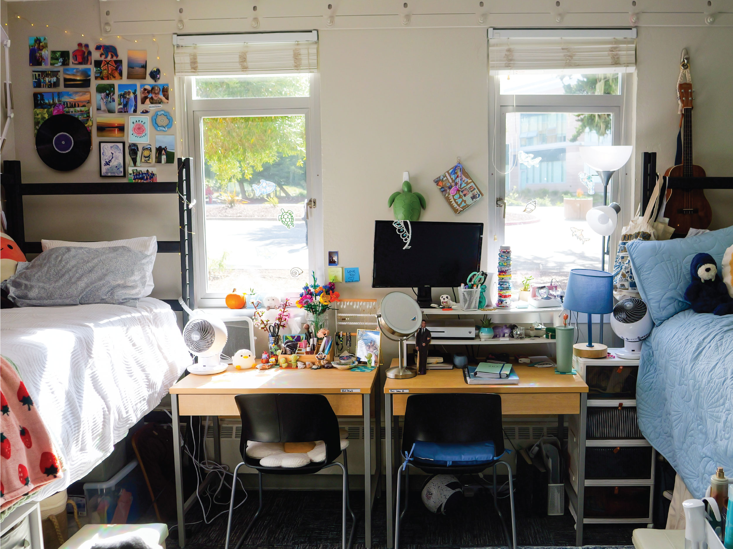 Residence Hall Triple showing the two desk and two bed